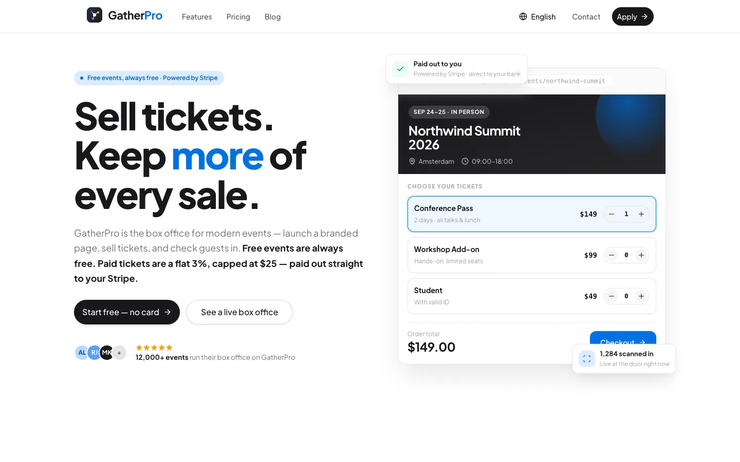 Screenshot of the Gatherpro.events homepage