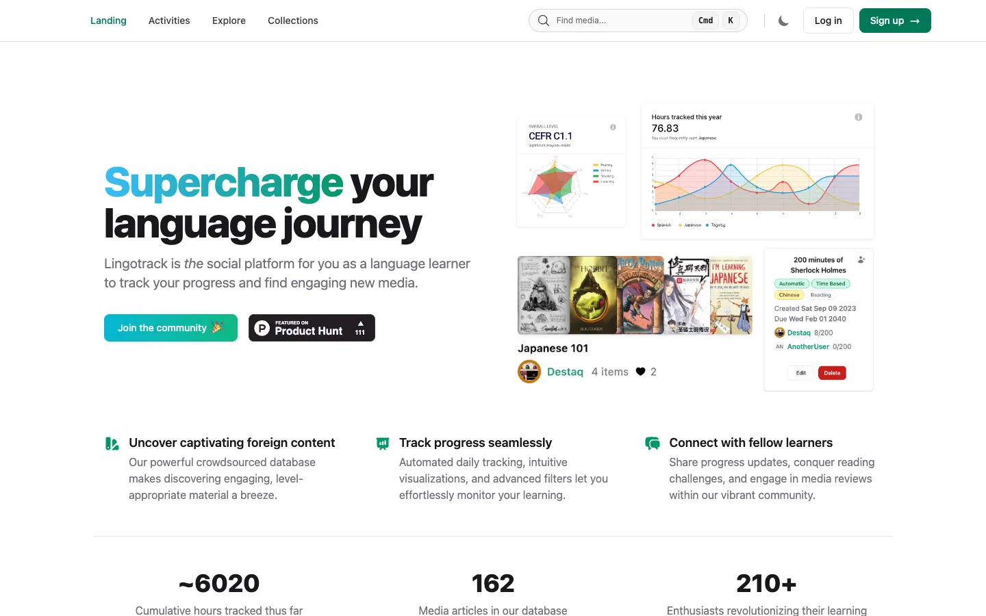 Screenshot of the Lingotrack homepage
