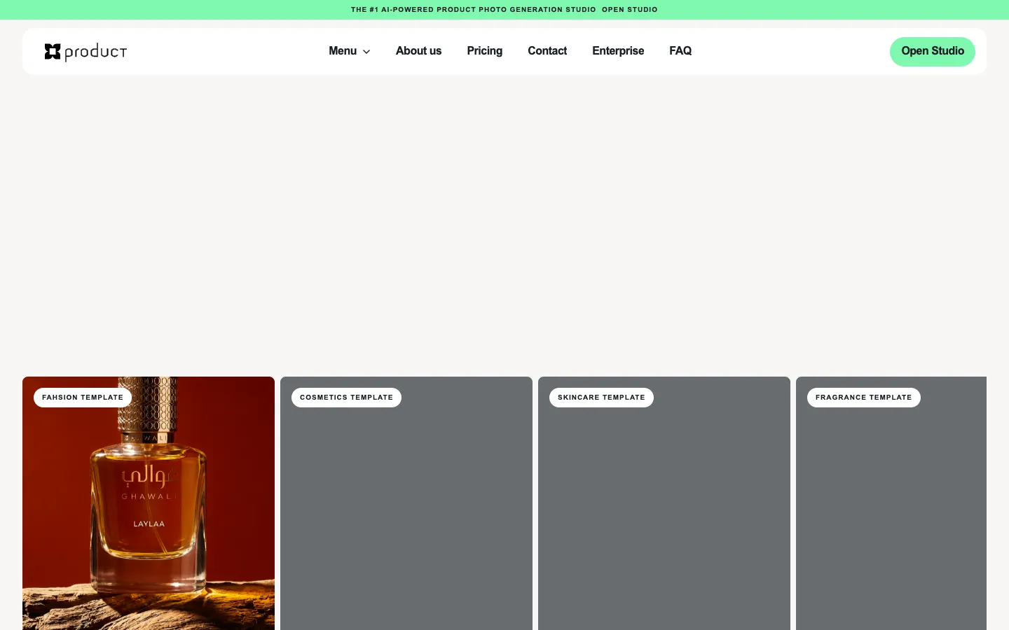 Screenshot of the ProductAI - Professional commercial product photos homepage