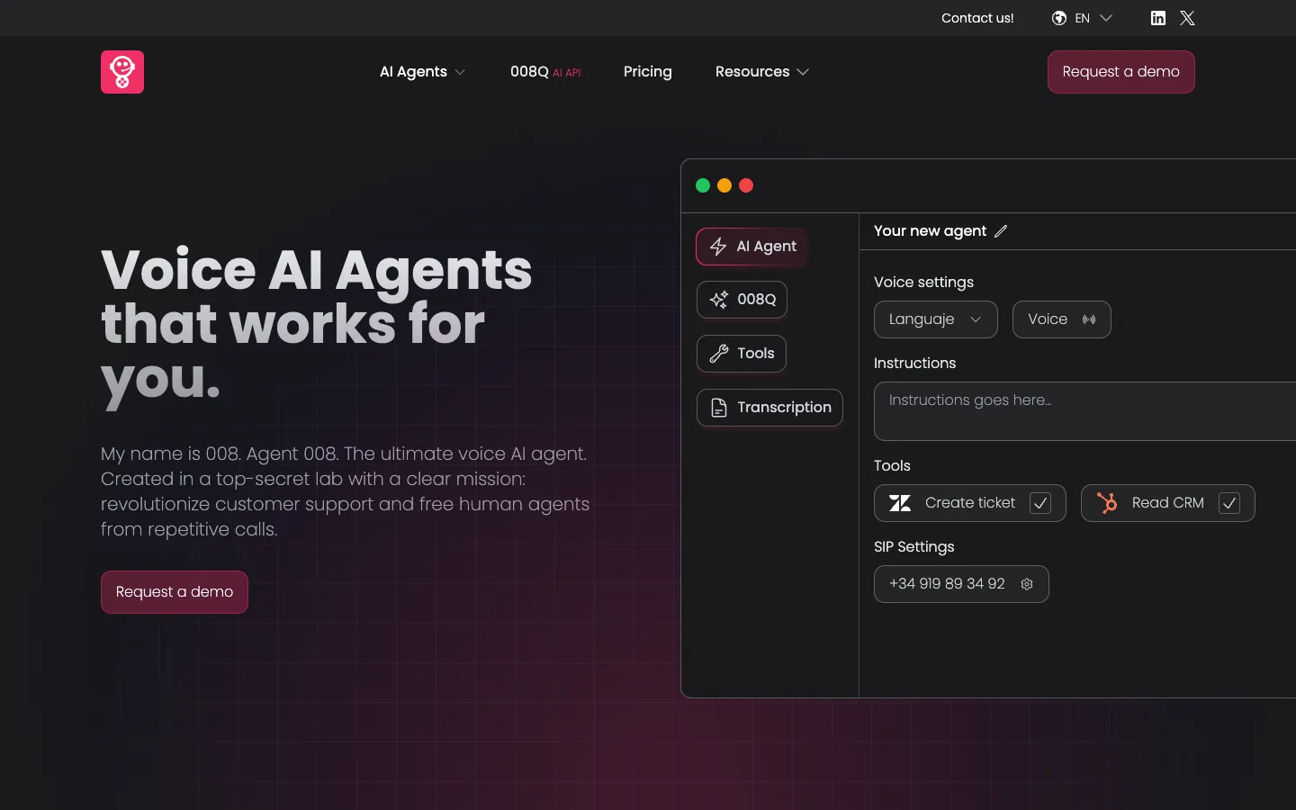 Screenshot of the 008 homepage