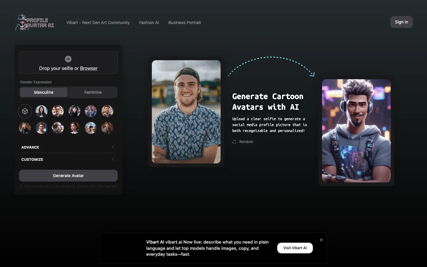 Screenshot of the Profile Avatar AI homepage