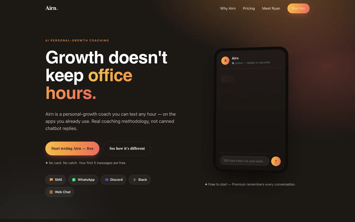 Screenshot of the Airn - Your AI Personal Growth Coach homepage