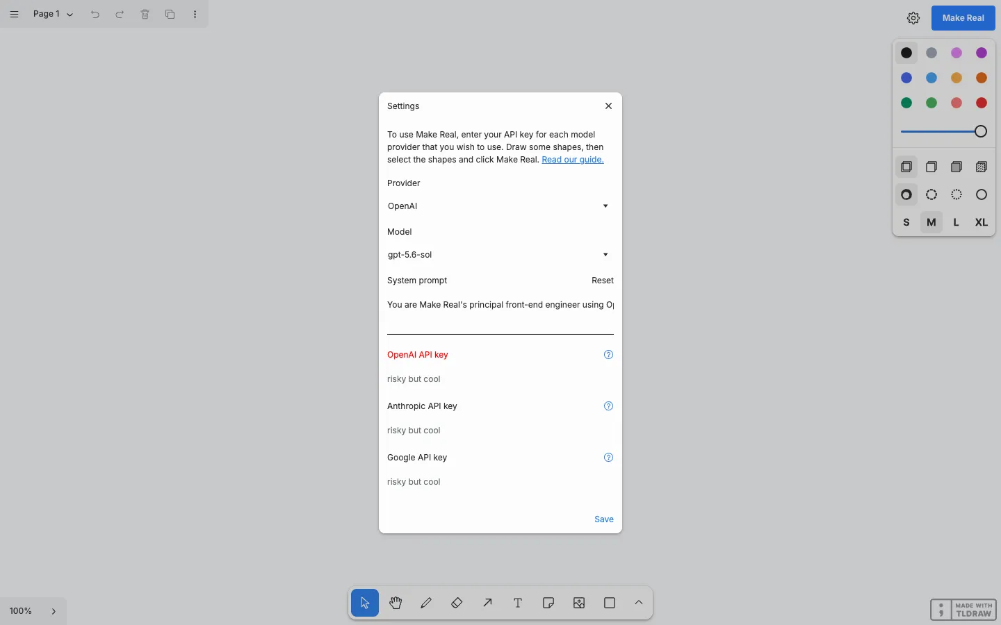 Screenshot of the make real by tldraw homepage