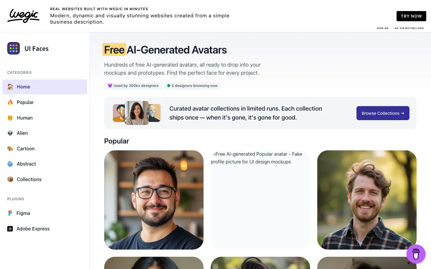 Screenshot of the UI Faces with AI homepage