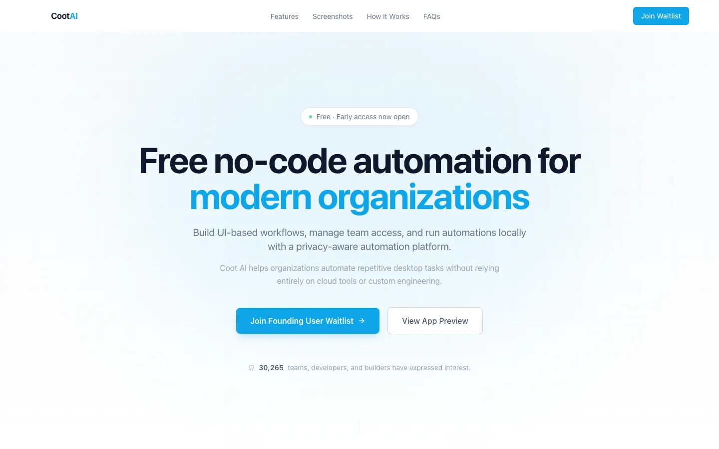 Screenshot of the Coot AI homepage