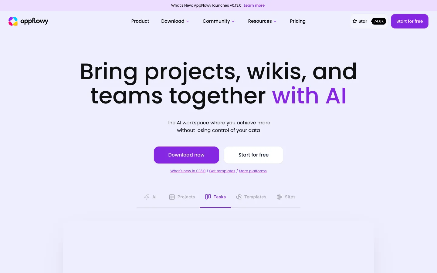 Screenshot of the AppFlowy: open-source Notion alternative homepage