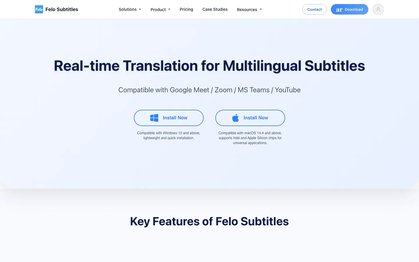 Screenshot of the Felo Subtitles homepage