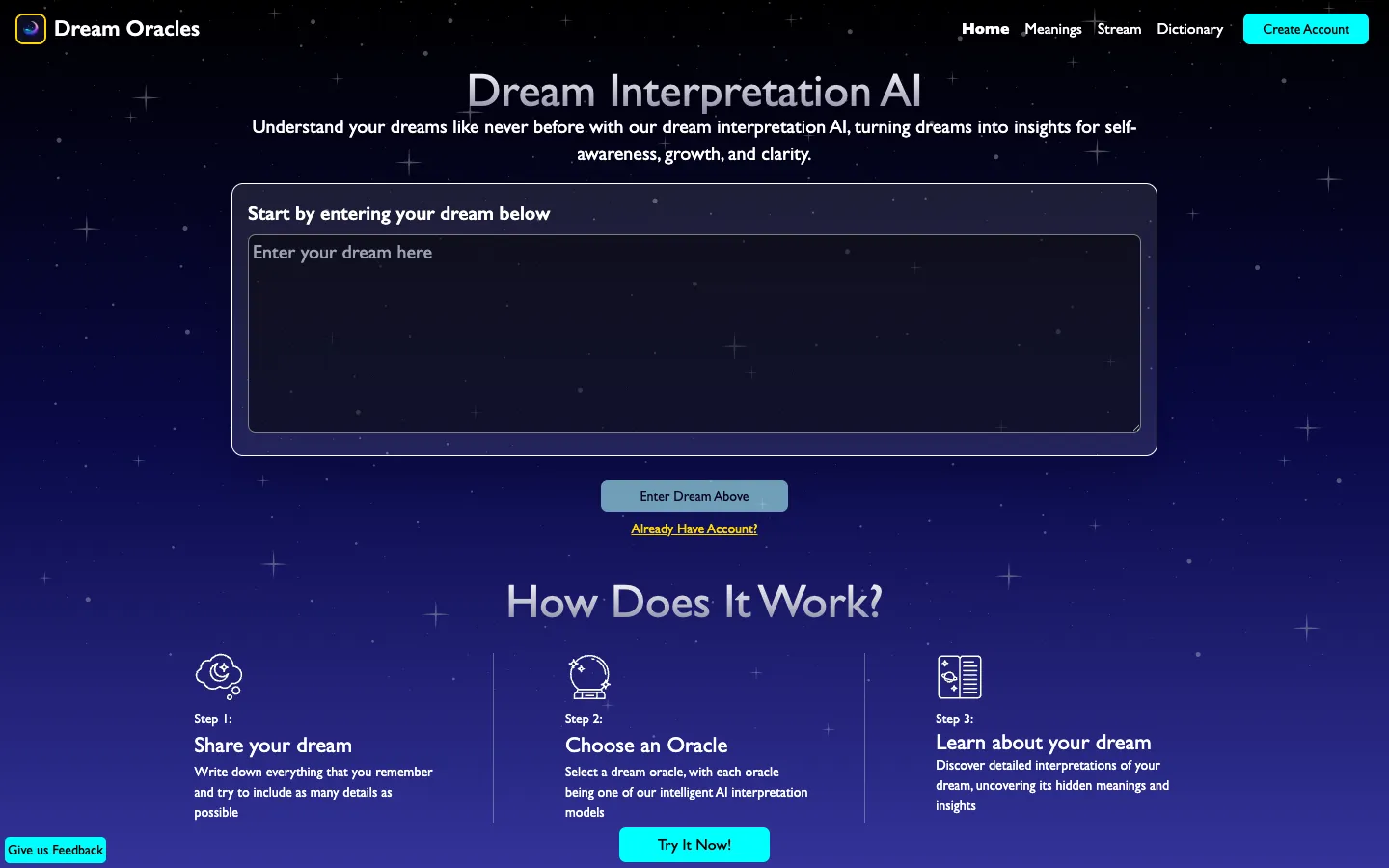 Screenshot of the Dream Oracles homepage