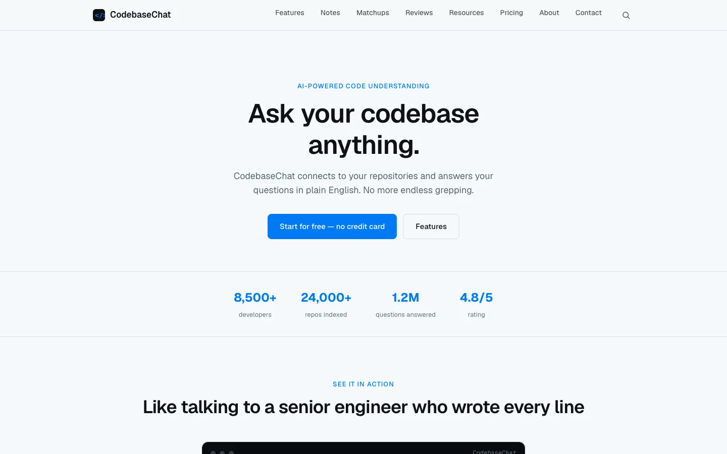 Screenshot of the CodebaseChat homepage