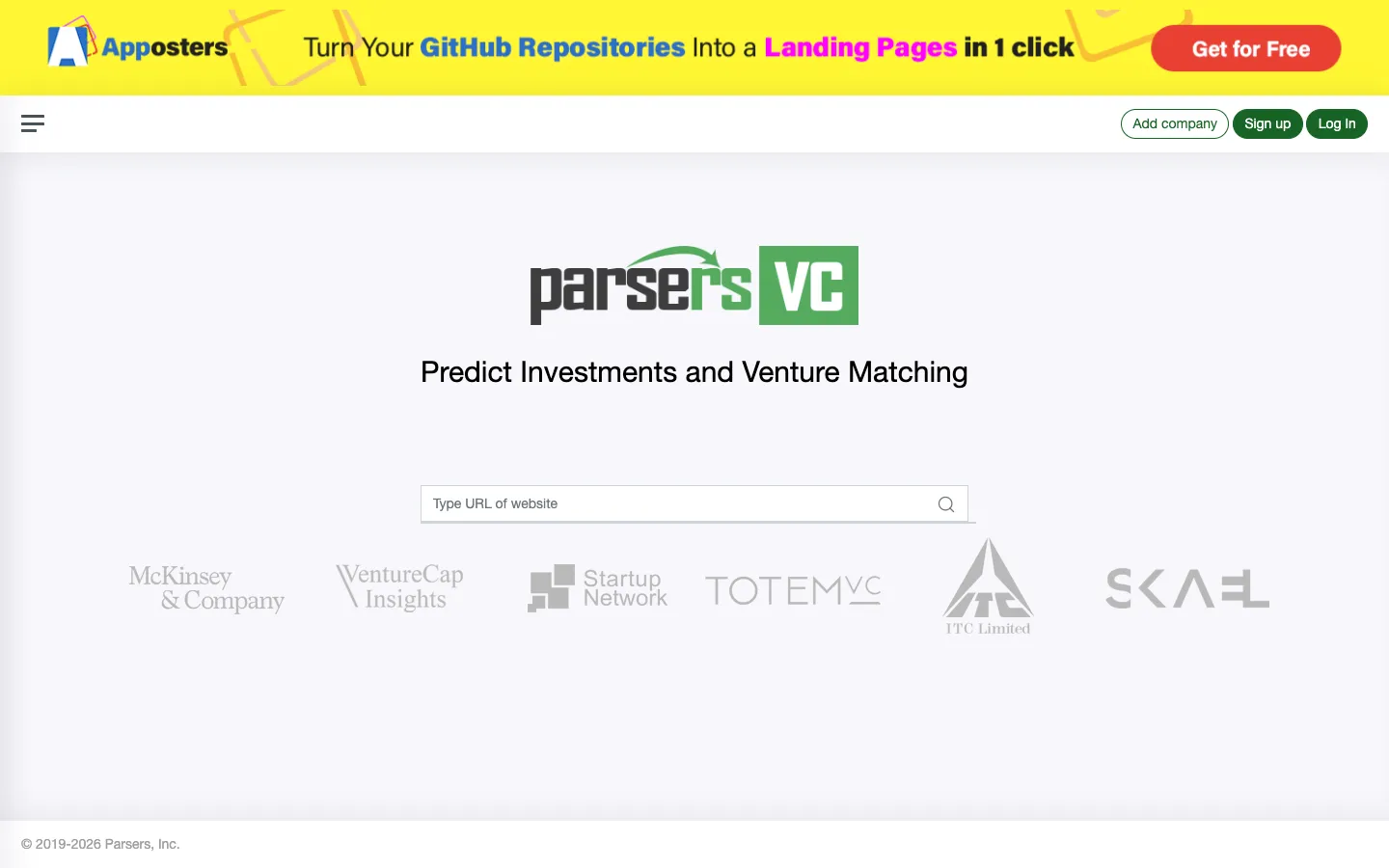 Screenshot of the Venture Matching homepage