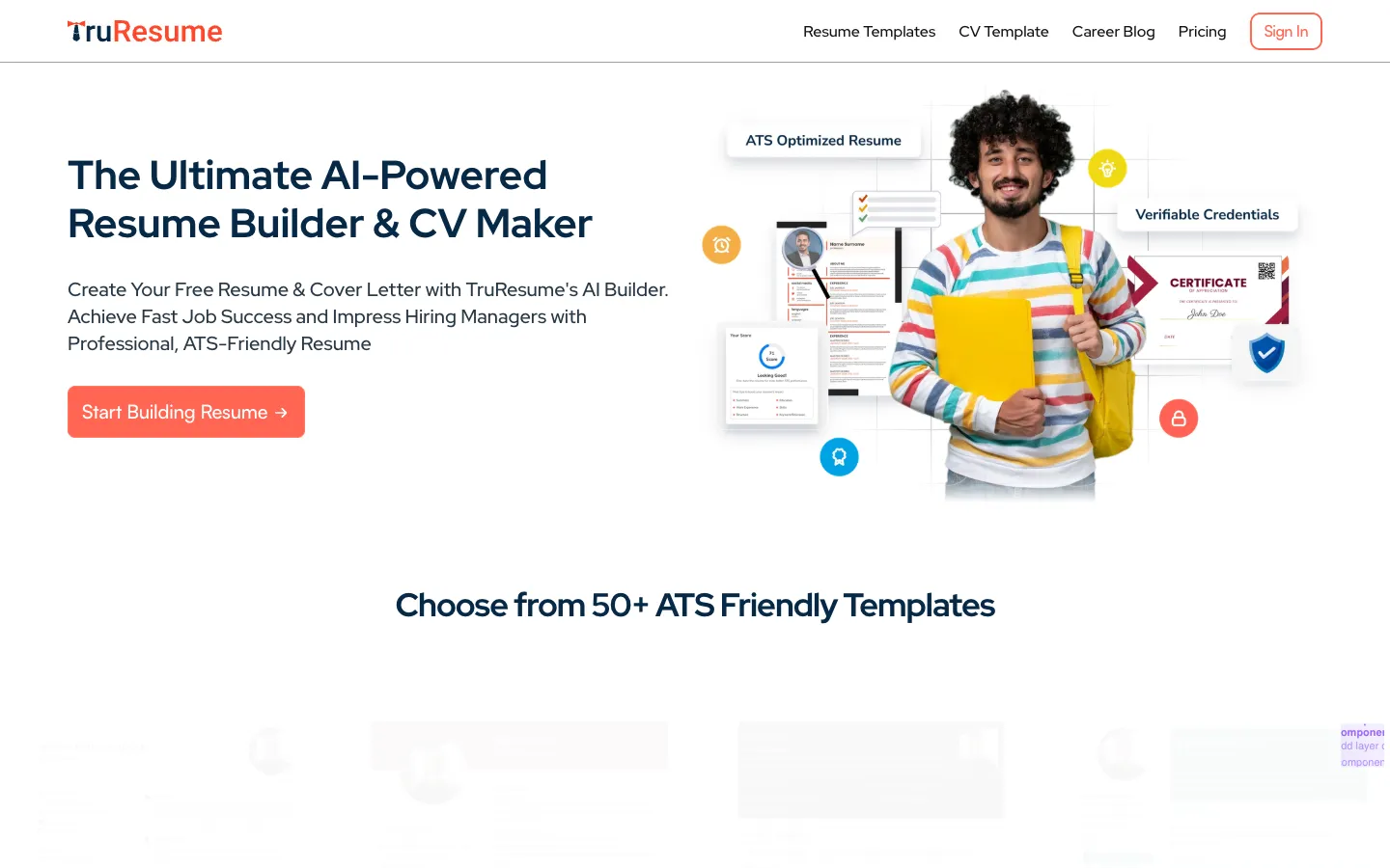 Screenshot of the Truresume Builder homepage