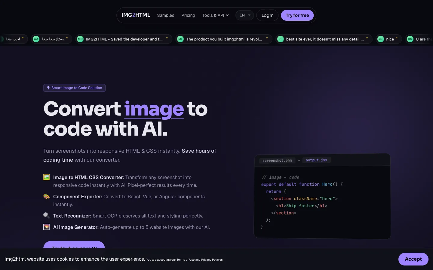 Screenshot of the Img2html homepage
