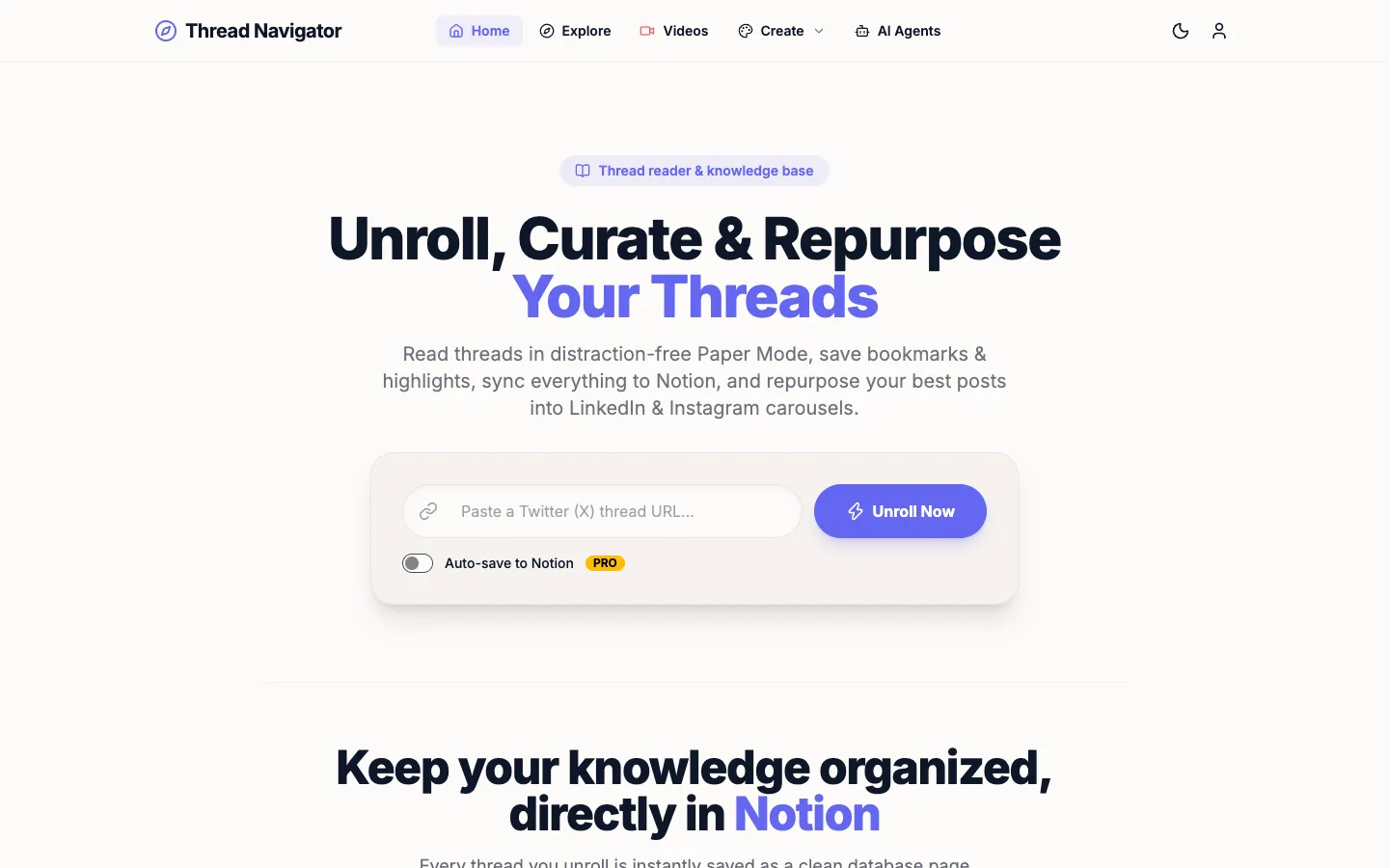 Screenshot of the Thread Navigator homepage