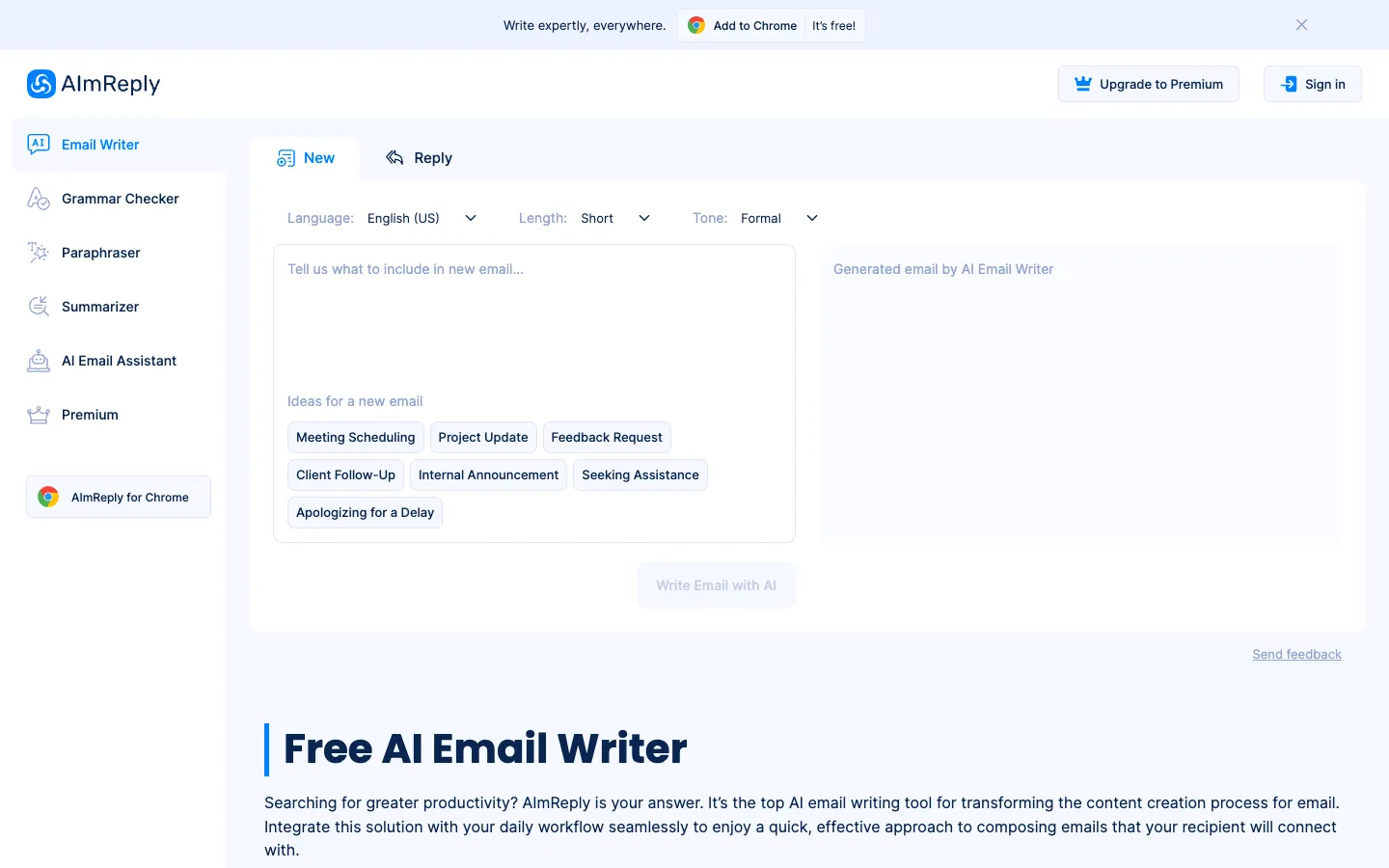 Screenshot of the AI Email Assistant AImReply homepage