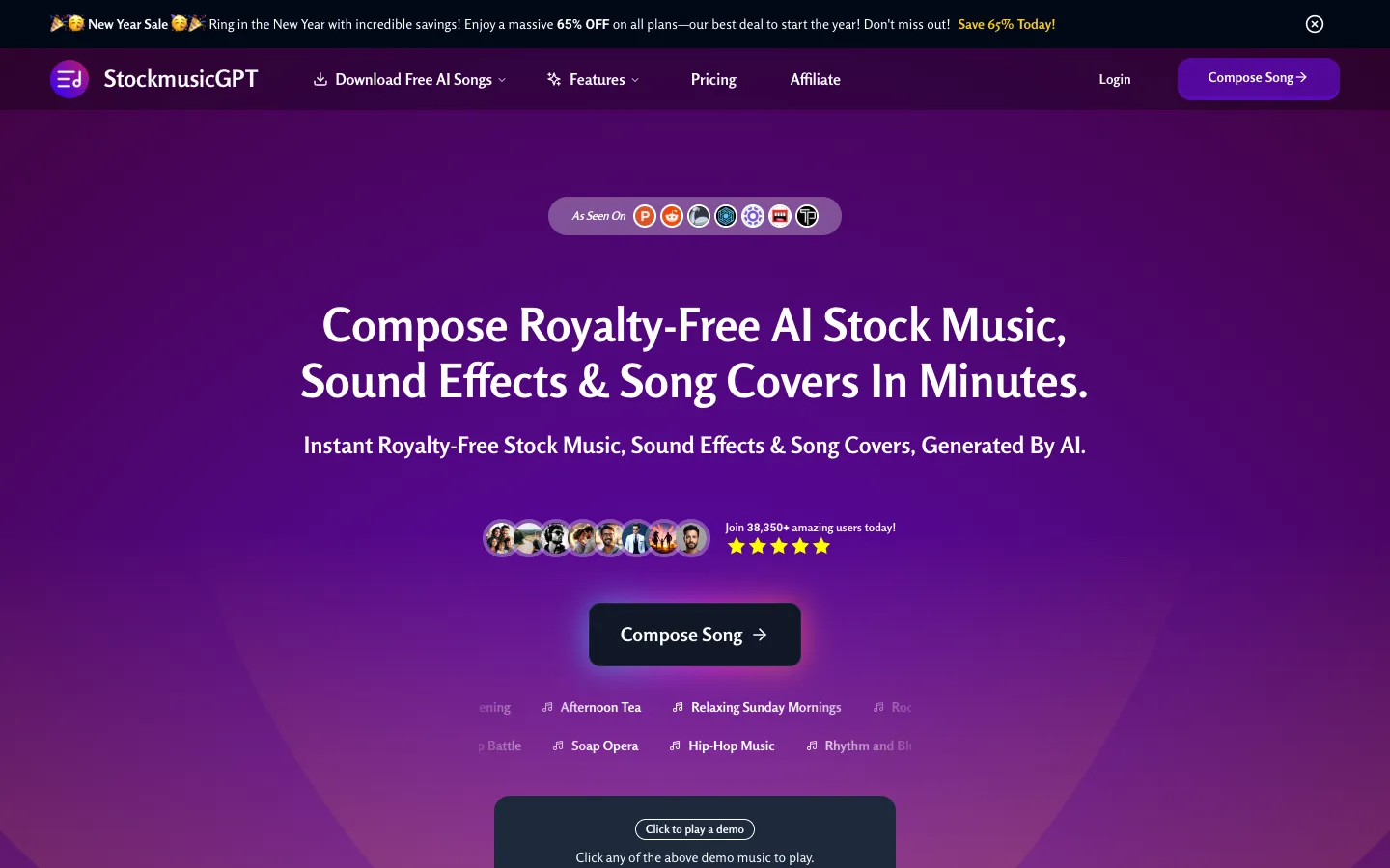 Screenshot of the StockmusicGPT homepage