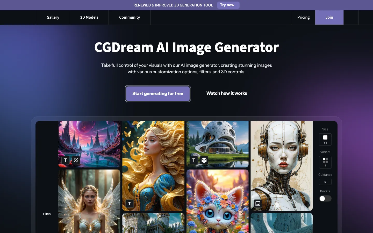 Screenshot of the CGDream.ai homepage