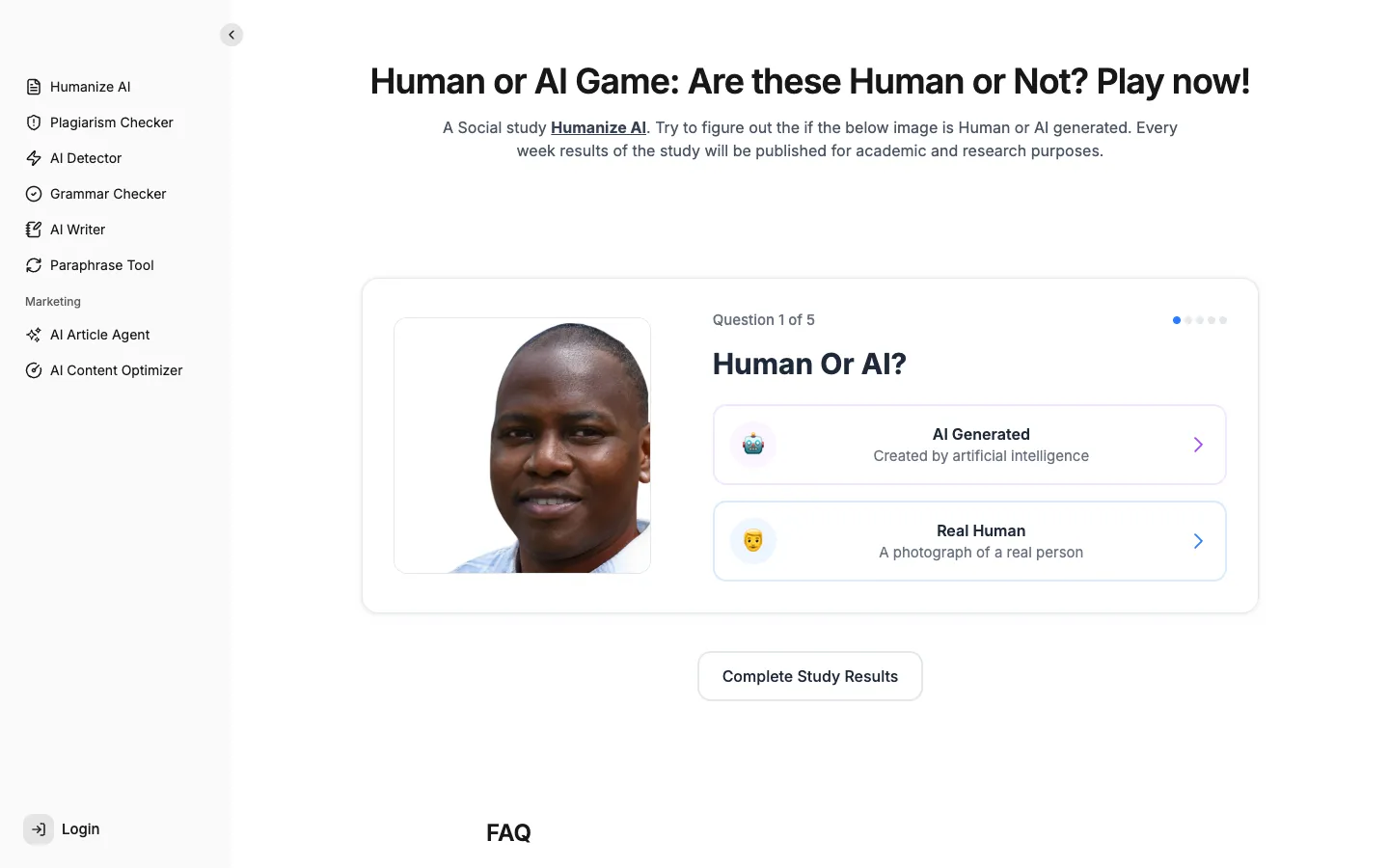 Screenshot of the Human or AI? homepage