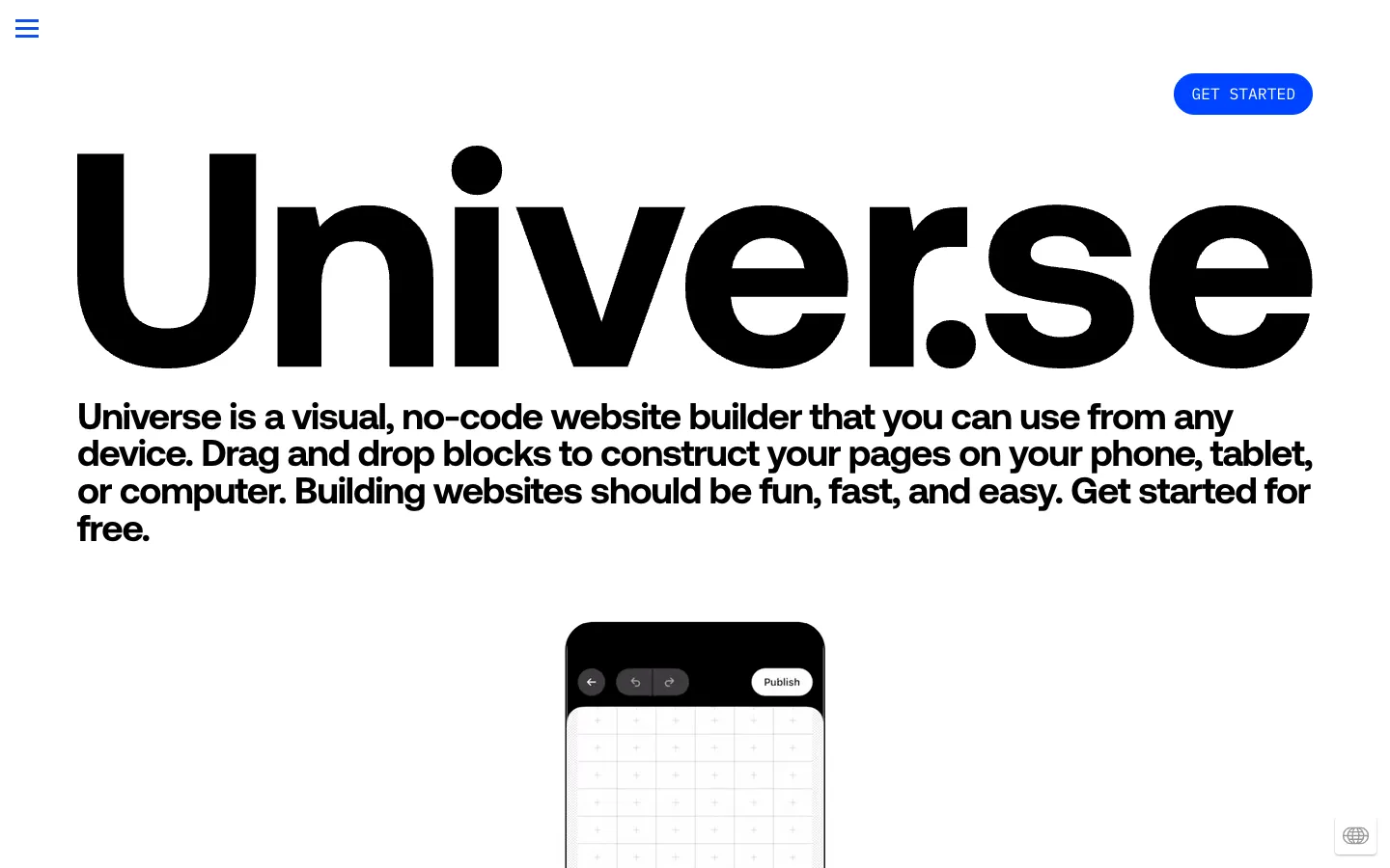 Screenshot of the Universe homepage
