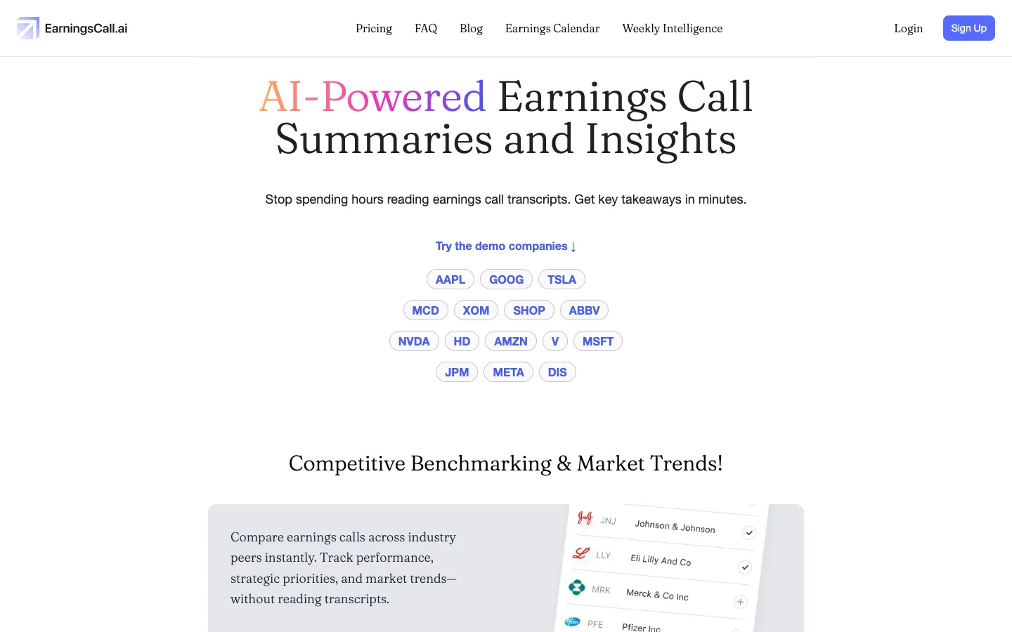 Screenshot of the EarningsDigest homepage