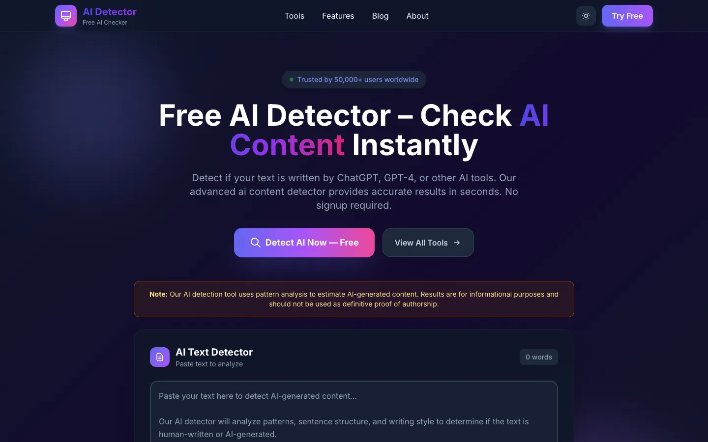 Screenshot of the AI Content Detection - AI Detector Free homepage