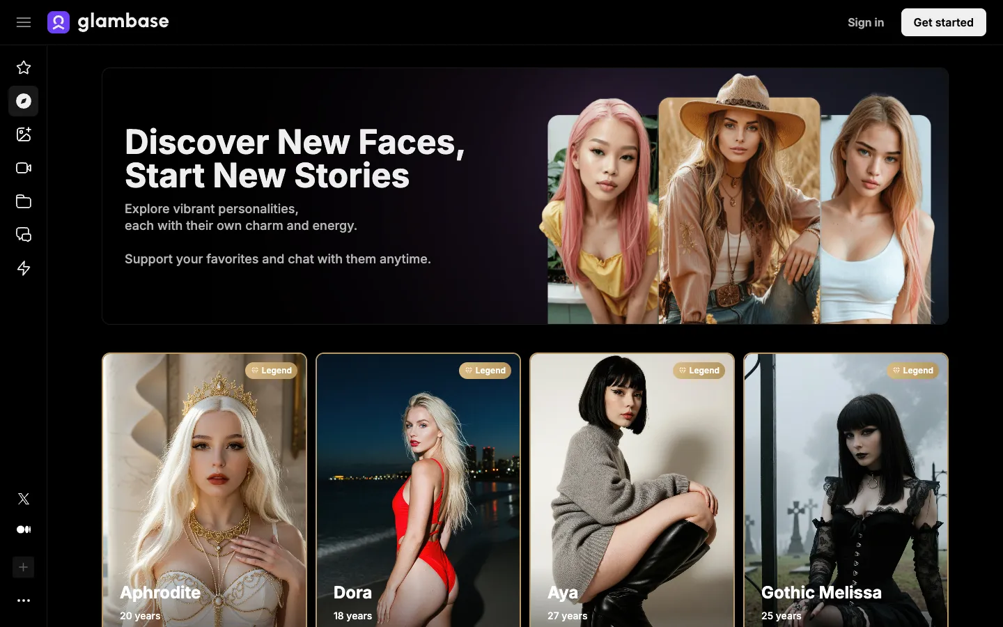 Screenshot of the Glambase homepage