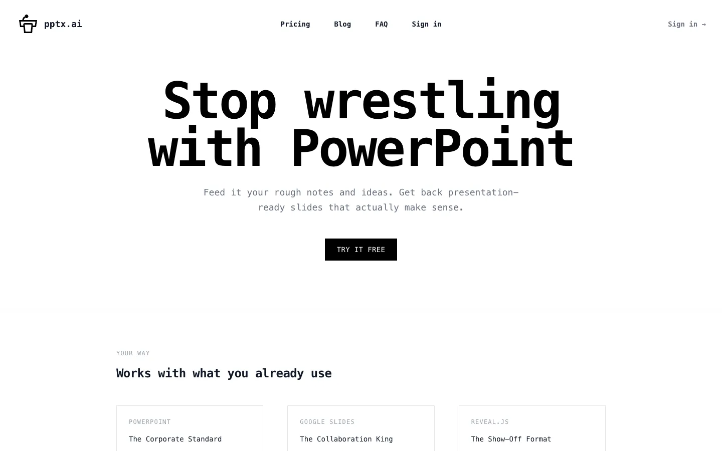 Screenshot of the PPTX.ai homepage