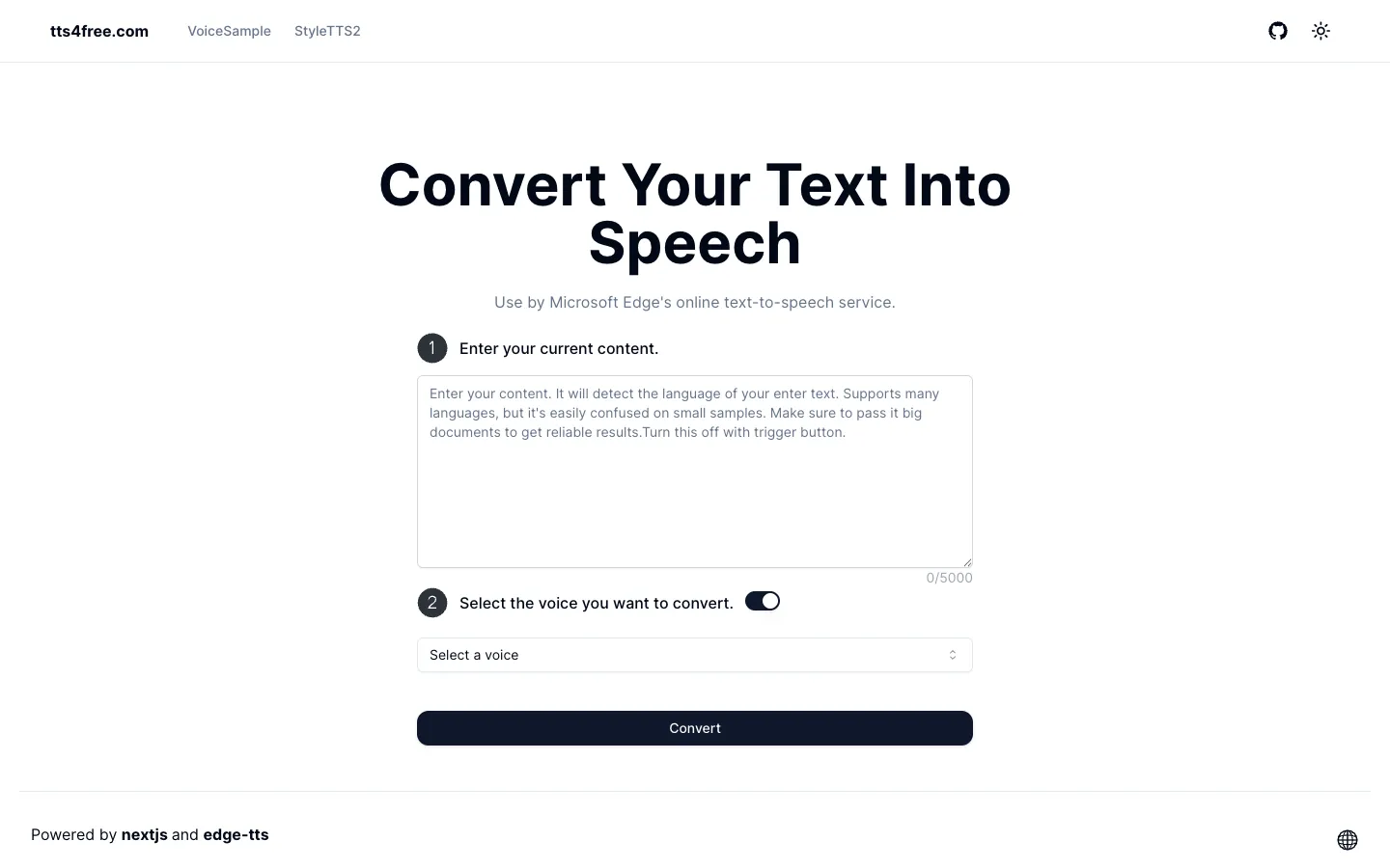 Screenshot of the free text Into Speech homepage