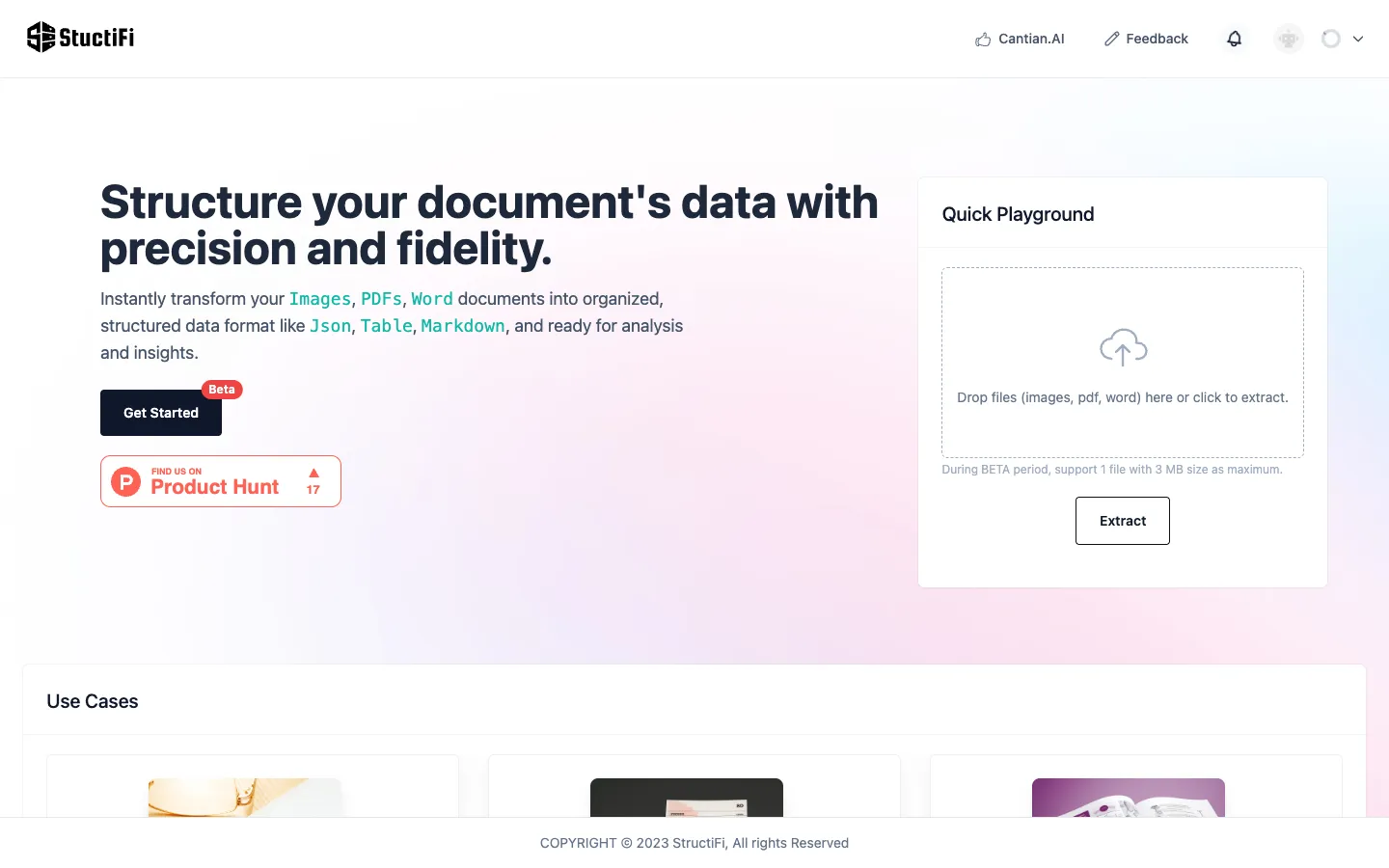 Screenshot of the StructiFi homepage