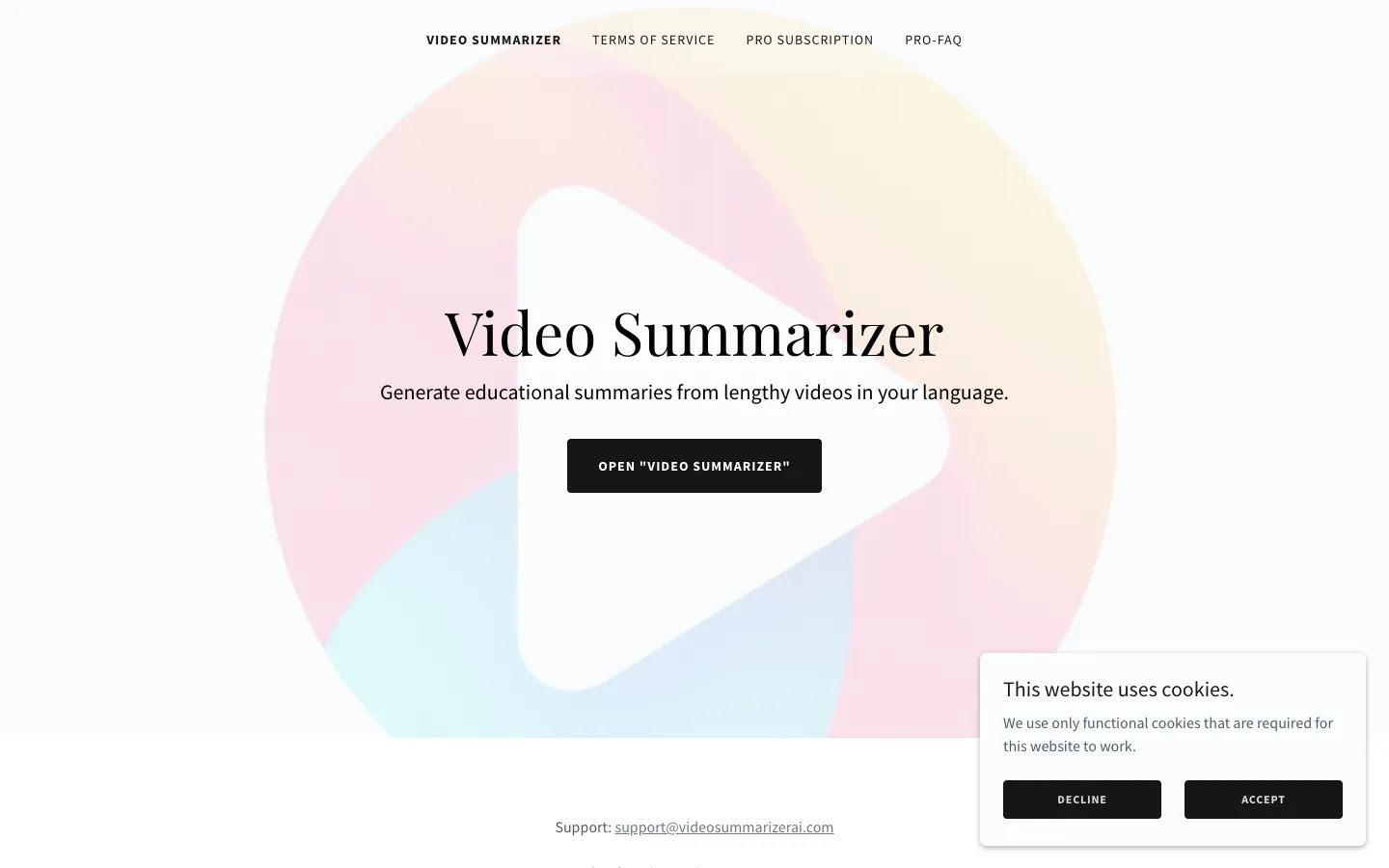 Screenshot of the Video Summary AI homepage