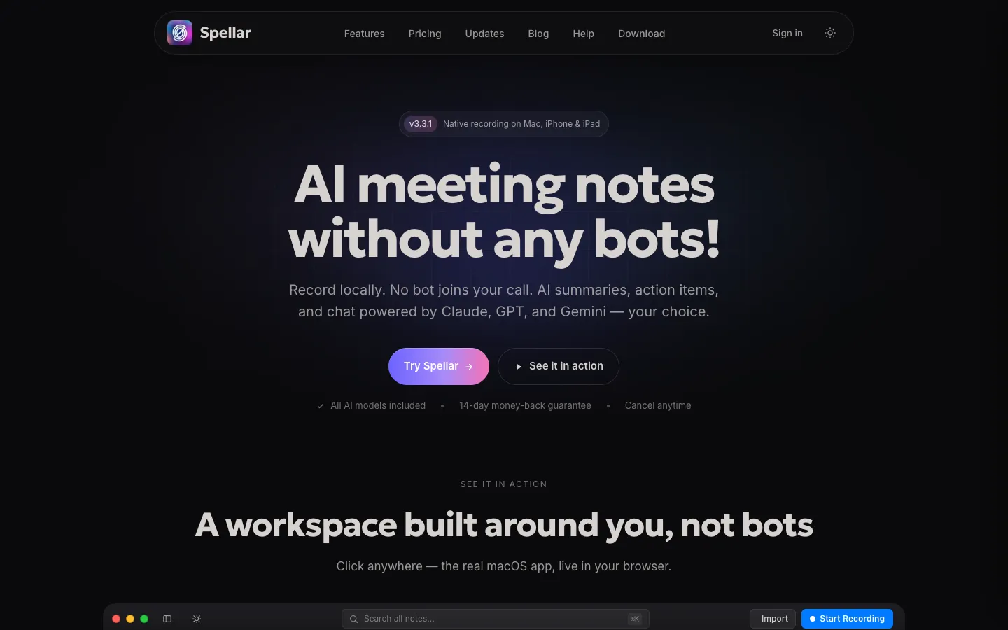 Screenshot of the Spellar AI homepage