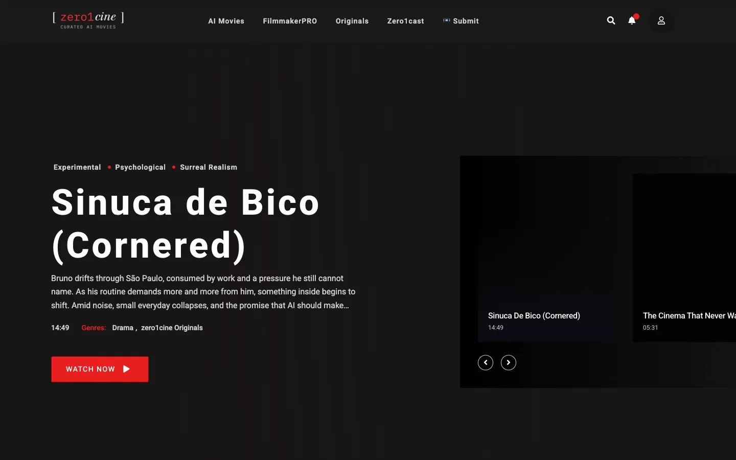 Screenshot of the zero1cine homepage