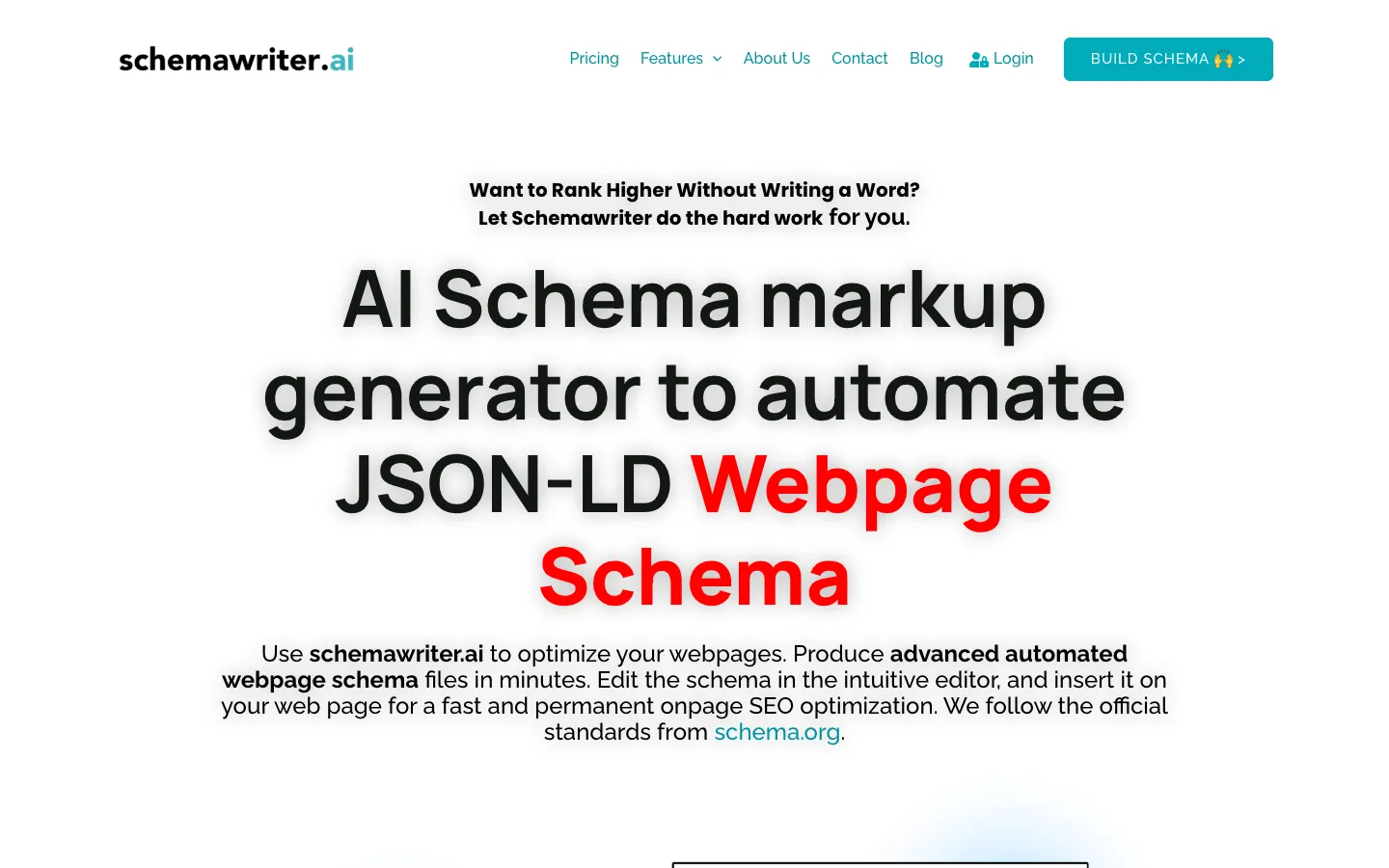 Screenshot of the schemawriter.ai homepage