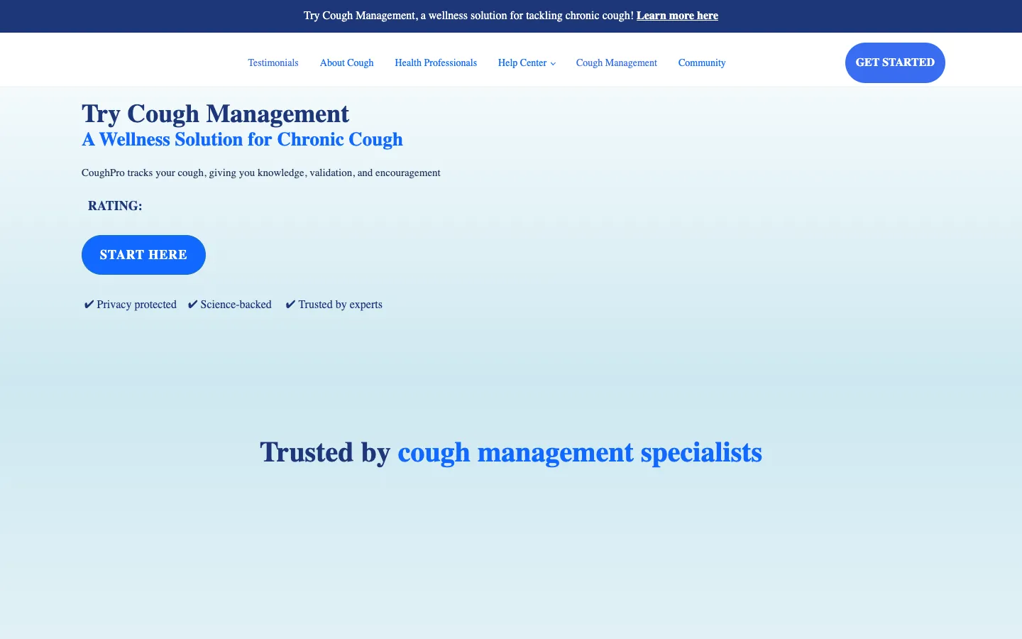 Screenshot of the CoughPro homepage