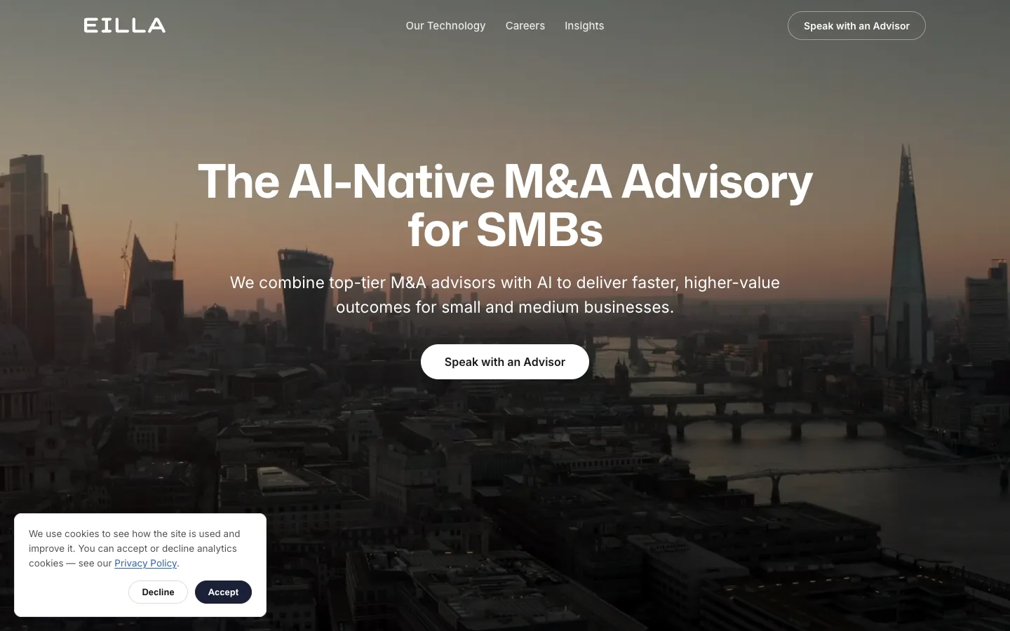 Screenshot of the Eilla AI homepage