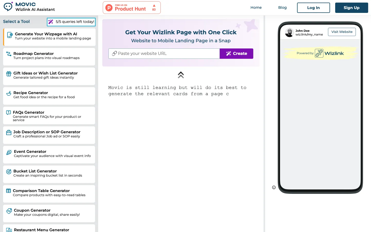 Screenshot of the Wizlink AI homepage