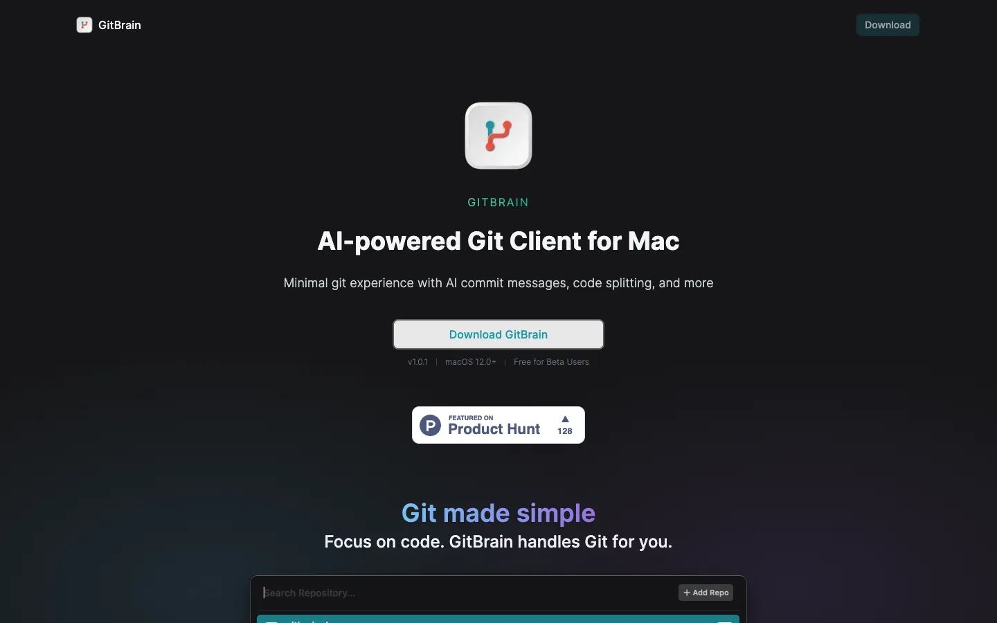 Screenshot of the GitBrain homepage