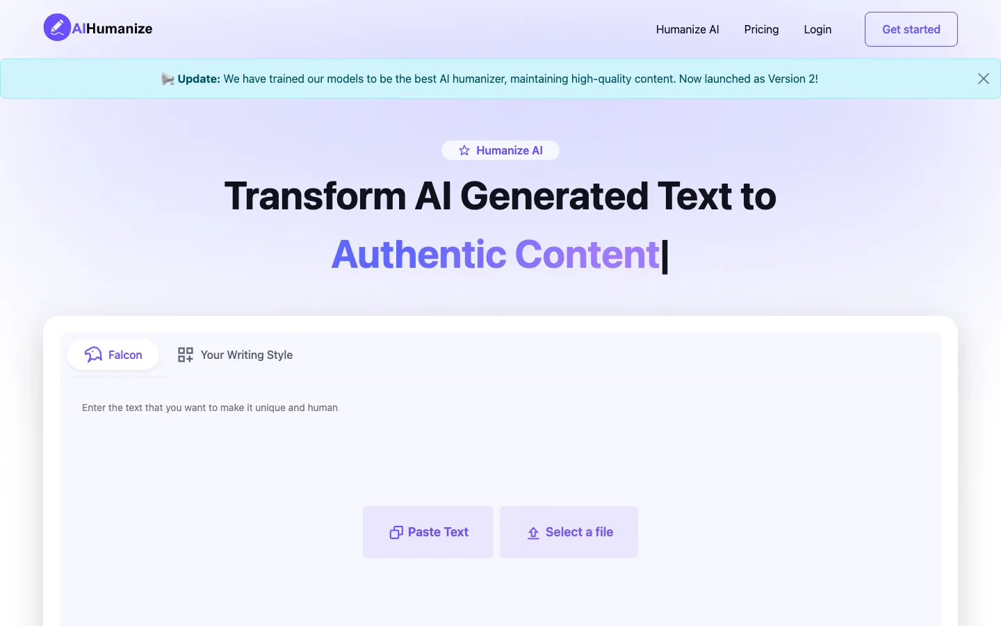 Screenshot of the AIHumanize.com homepage