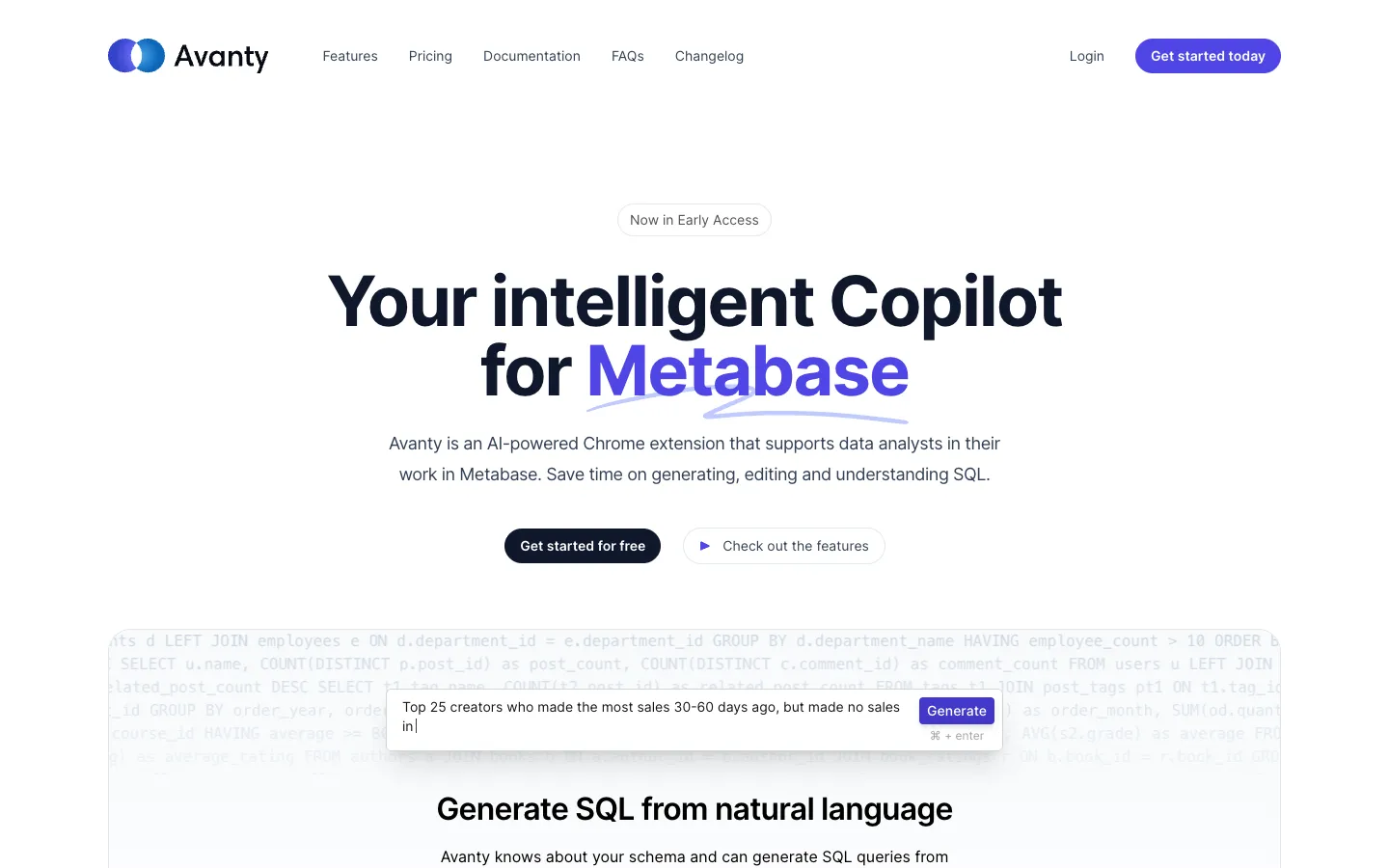 Screenshot of the Avanty homepage