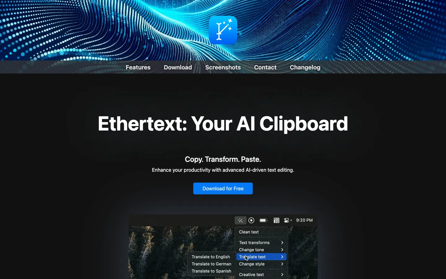Screenshot of the Ethertext homepage