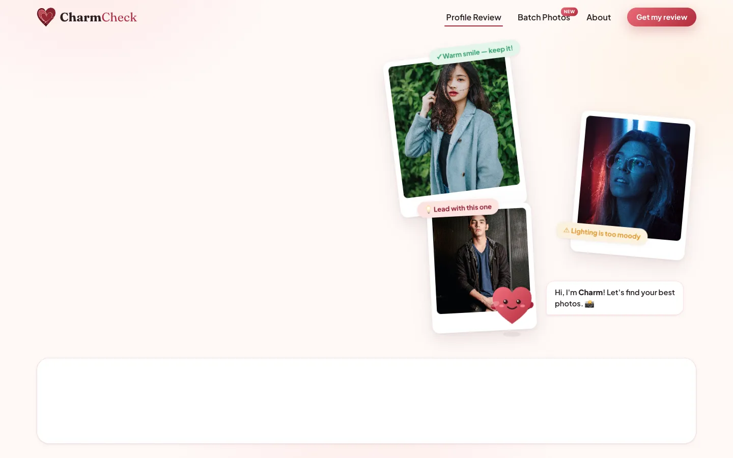 Screenshot of the Charm Check homepage