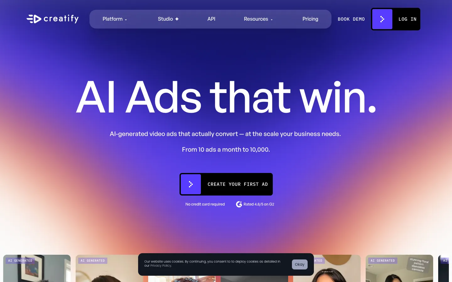 Screenshot of the Creatify homepage