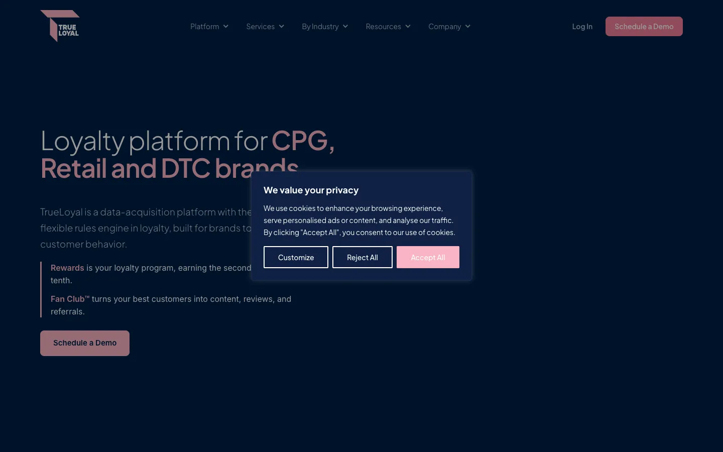 Screenshot of the Zinrelo homepage
