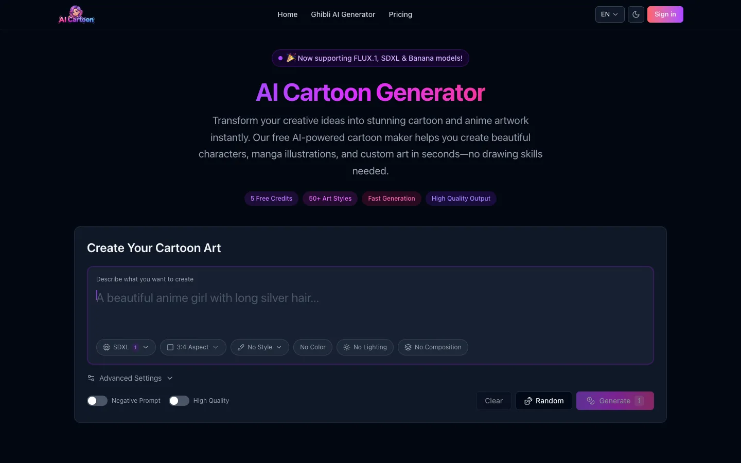 Screenshot of the AI Cartoon Generator homepage