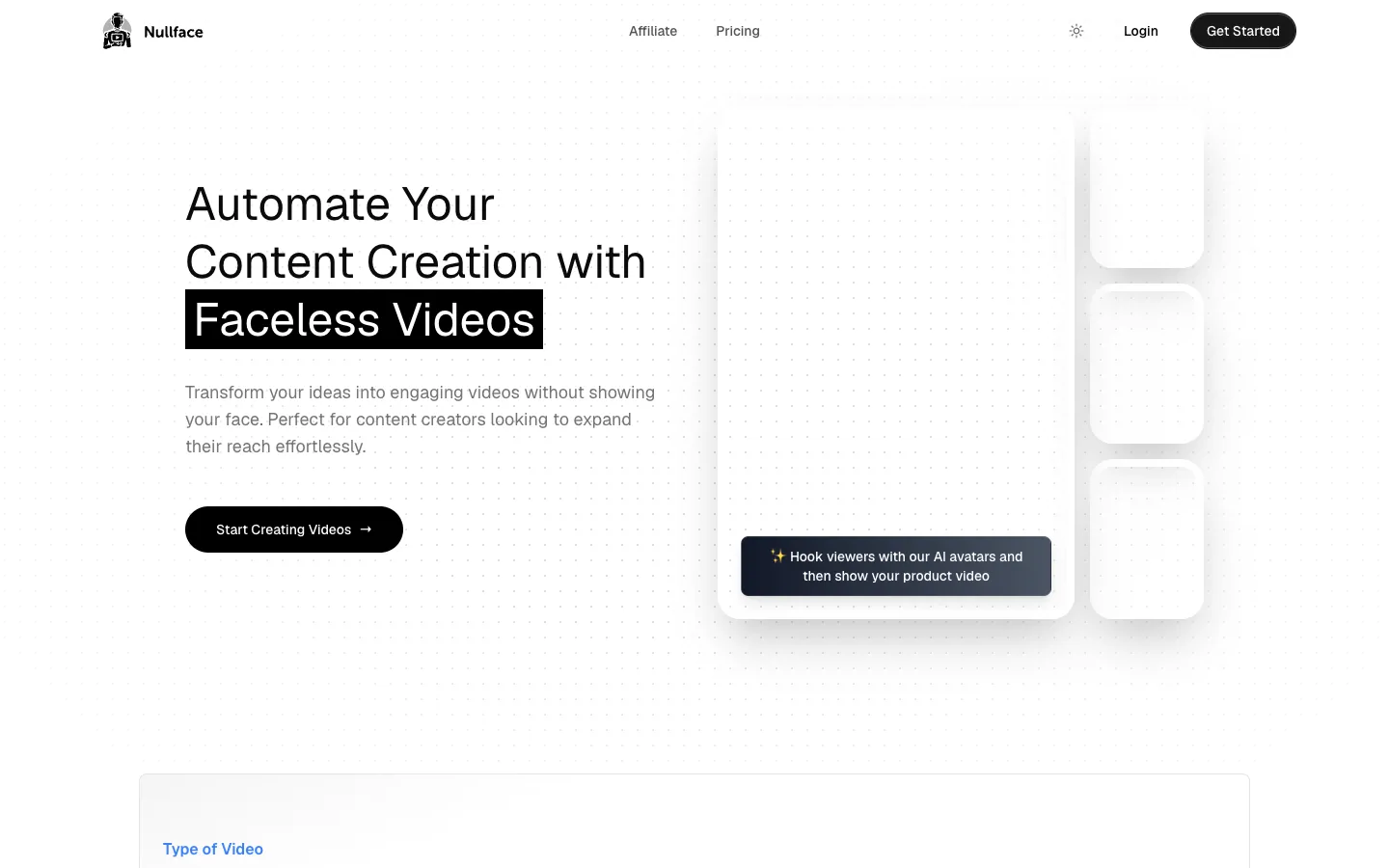 Screenshot of the Nullface AI homepage