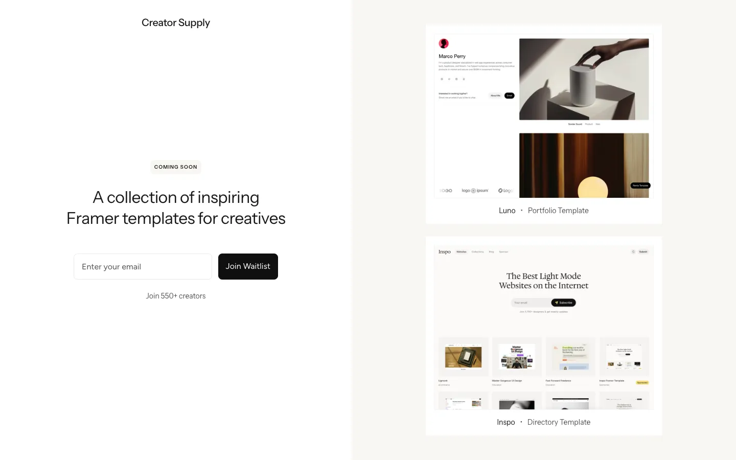 Screenshot of the Creator Supply homepage