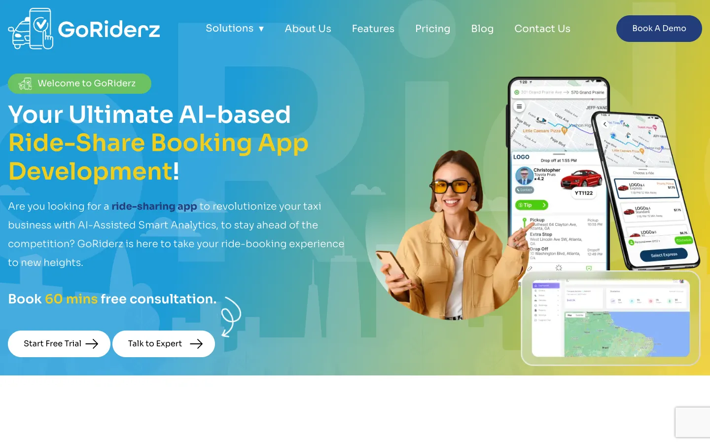 Screenshot of the Goriderz SAAS p2p ridesharing & delivery homepage