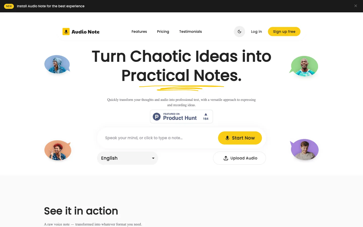 Screenshot of the Audio Notes AI homepage