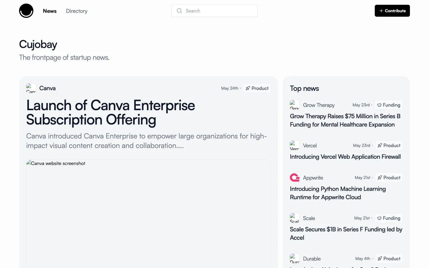 Screenshot of the Cujobay homepage