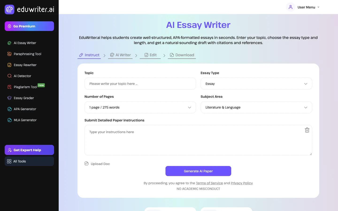 Screenshot of the Eduwriter.ai homepage