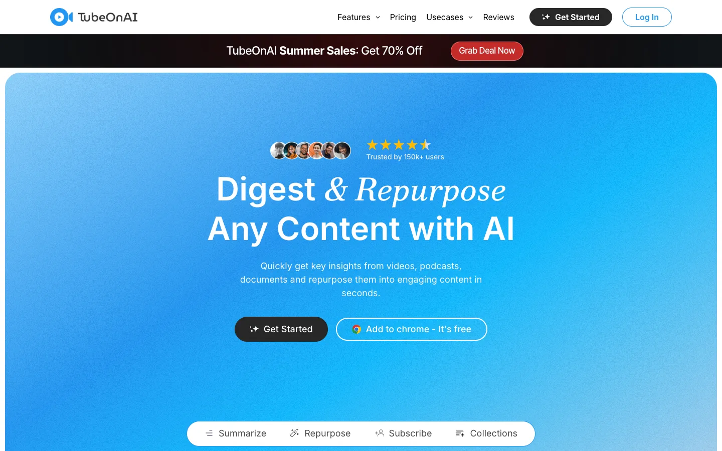 Screenshot of the TubeOnAI homepage